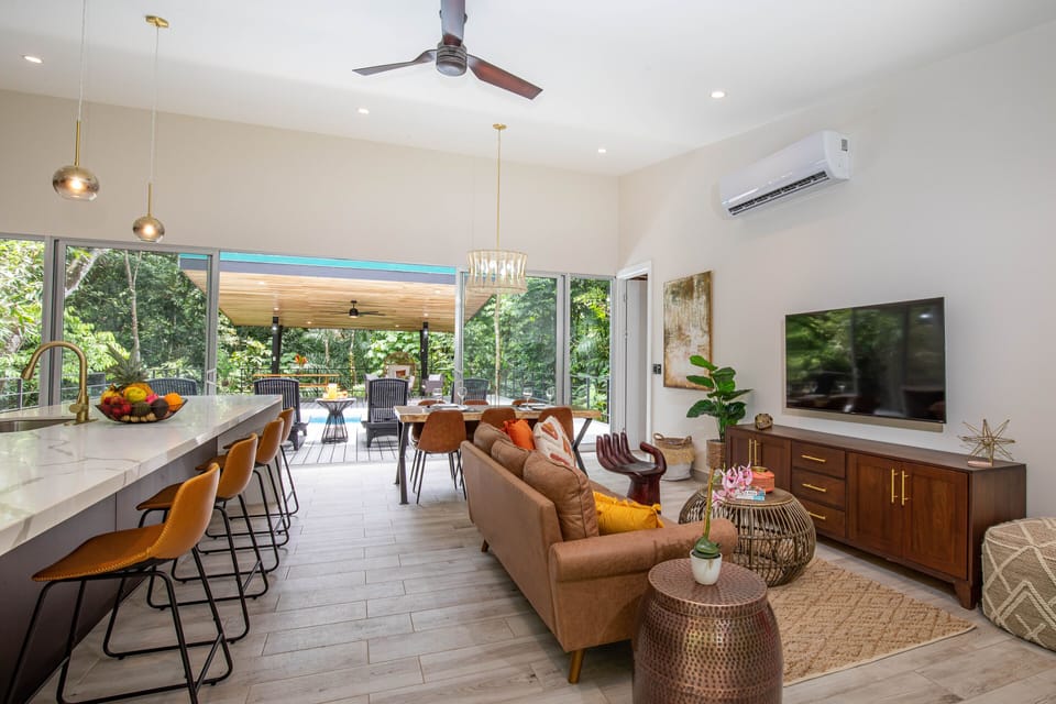 Open Plan Living Room + Chefs Kitchen, with glass walls to deck and jungle.