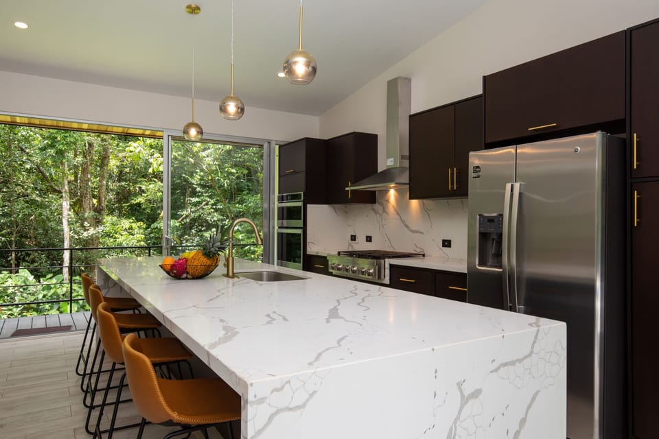 Open Plan Living Room + Chefs Kitchen, with glass walls to deck and jungle.