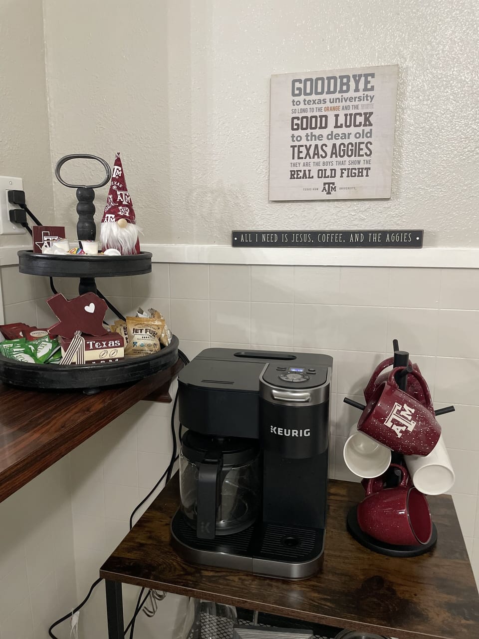 The coffee bar comes stocked with coffee, tea, sweeteners,  and creamer!