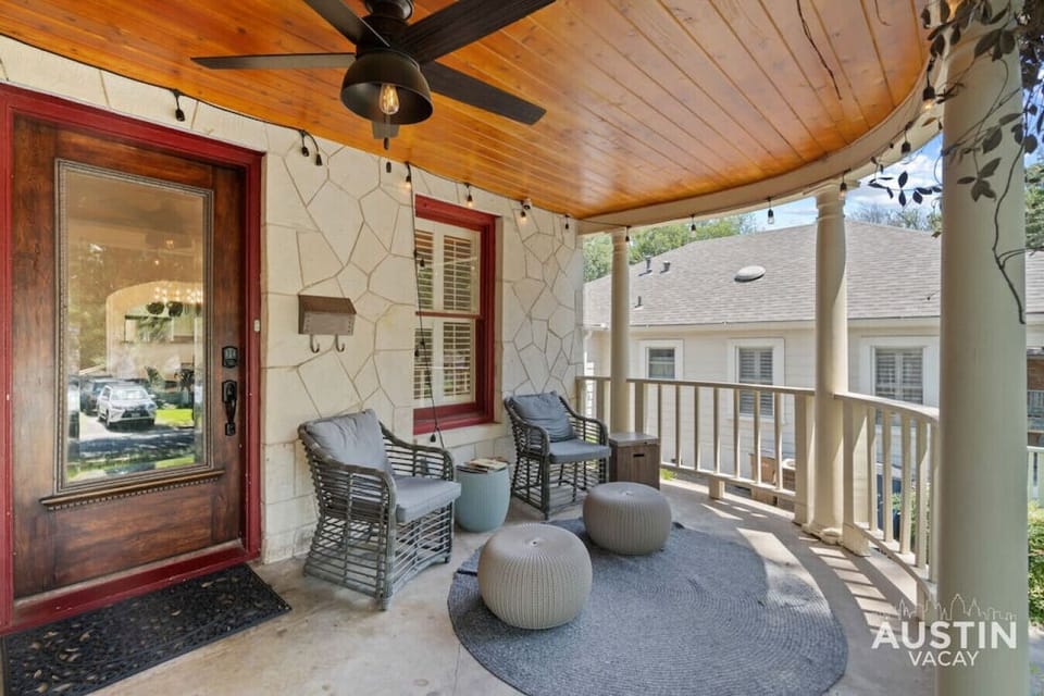 Front porch with string lights