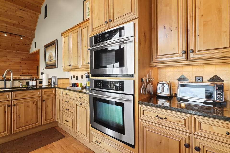 Chef's kitchen fully stocked for simple or festive meals.