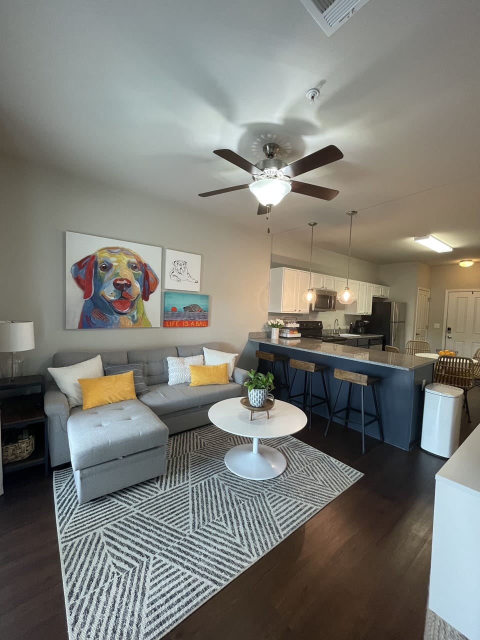 Open living room and kitchen with bar seating