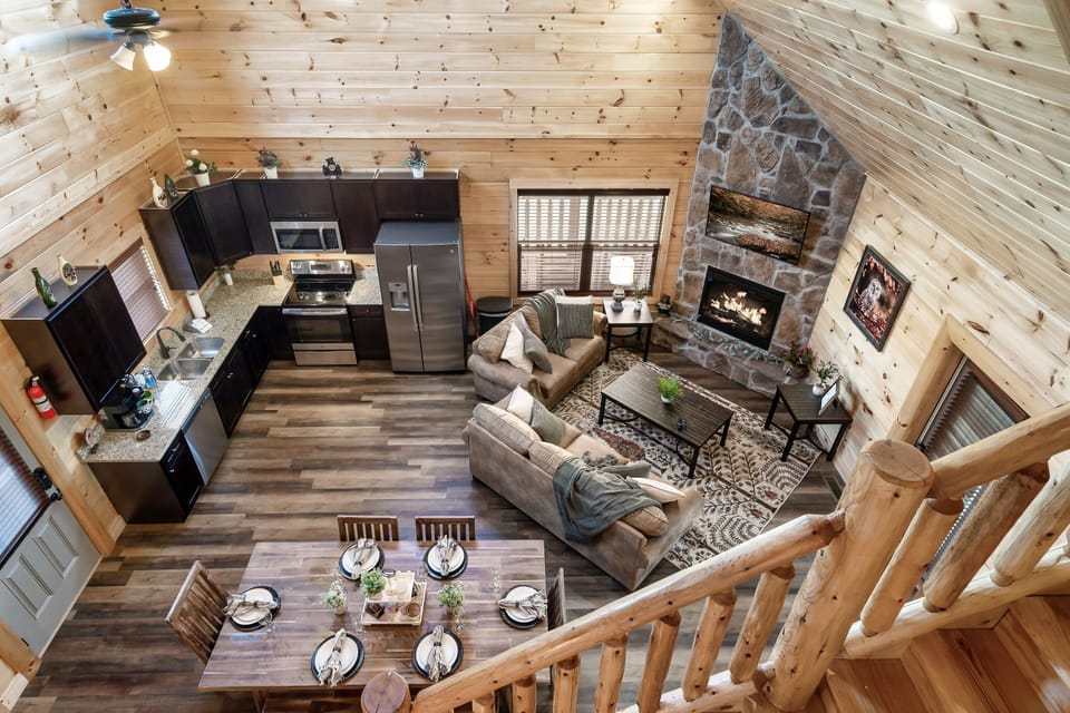 Aerial view from the stairs.  Open but cozy layout.