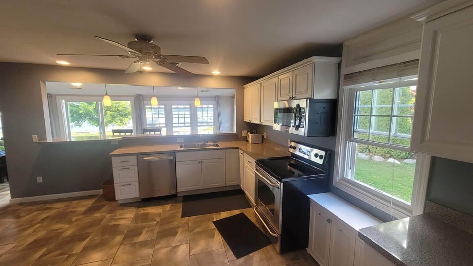 Kitchen looks to the lake