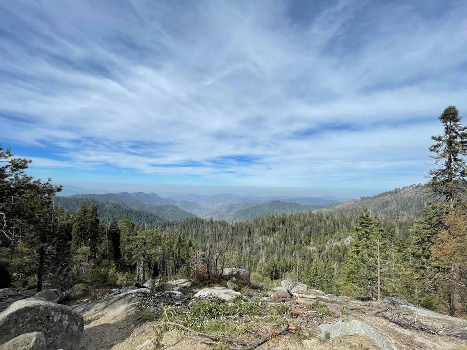 Shows panoramic mountain and forest vista under wide blue skies