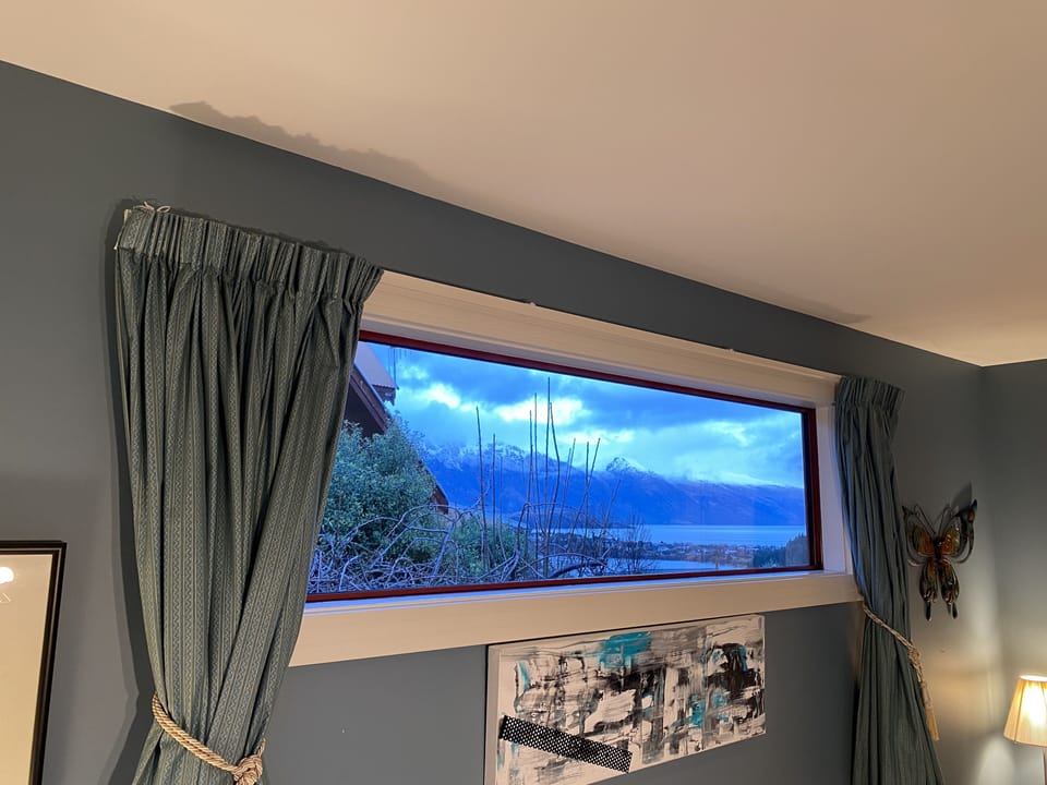 The Remarkables & Lake Wakatipu from window above bed 