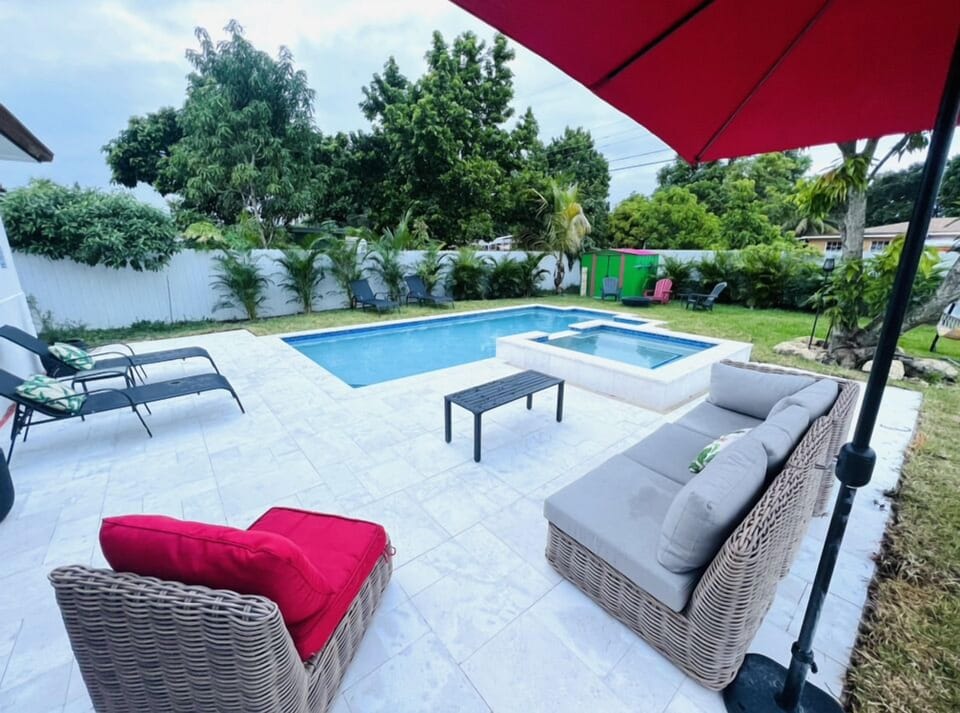 Pool deck, rinse w/ hose if you spill colored items. No BBQing in this area.