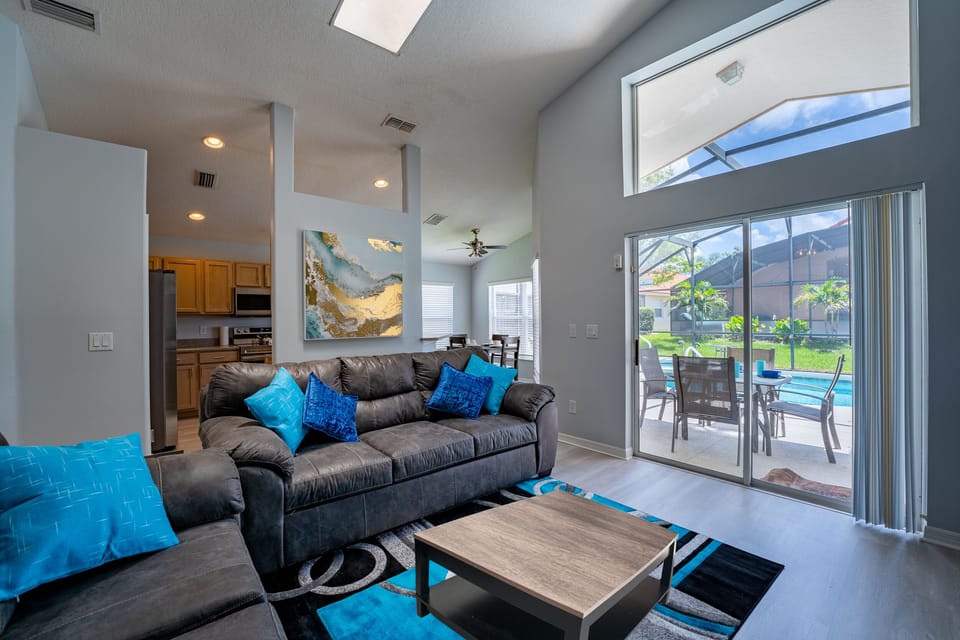Living room overlooking pool