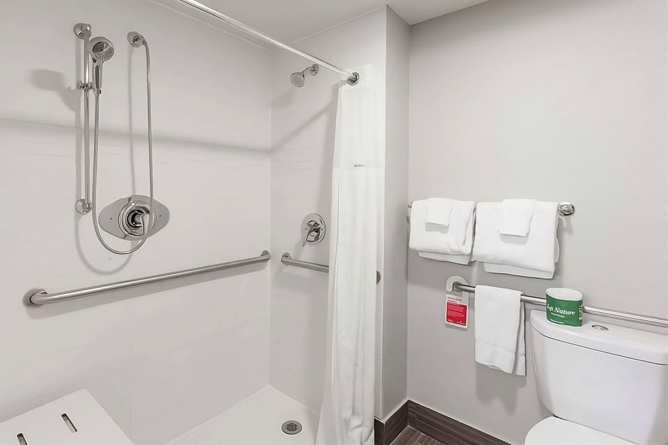 Full bathroom with a shower. Basic toiletries and towels are provided