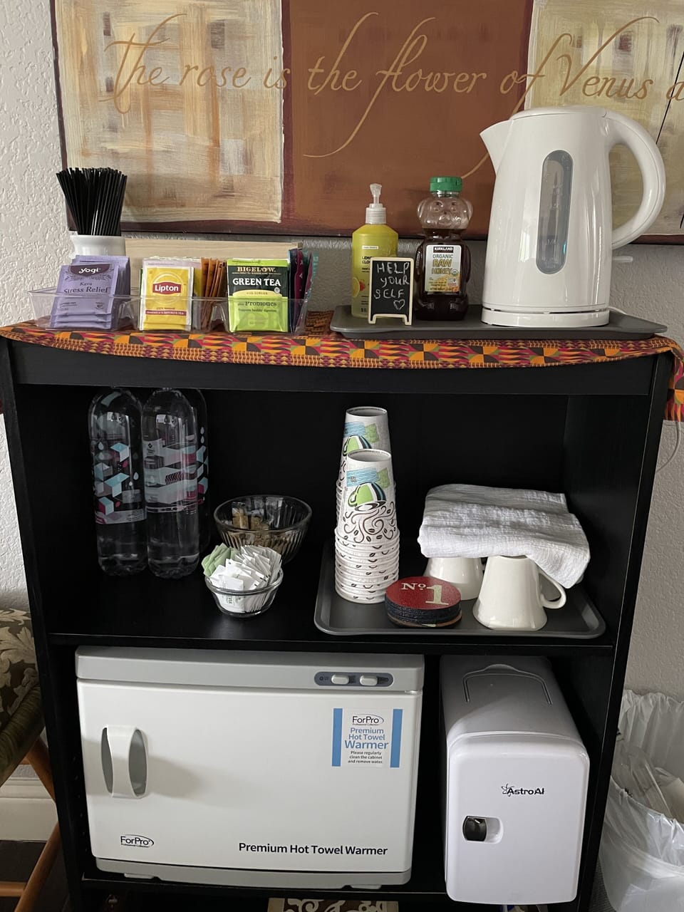 Tea area and towel warmer.