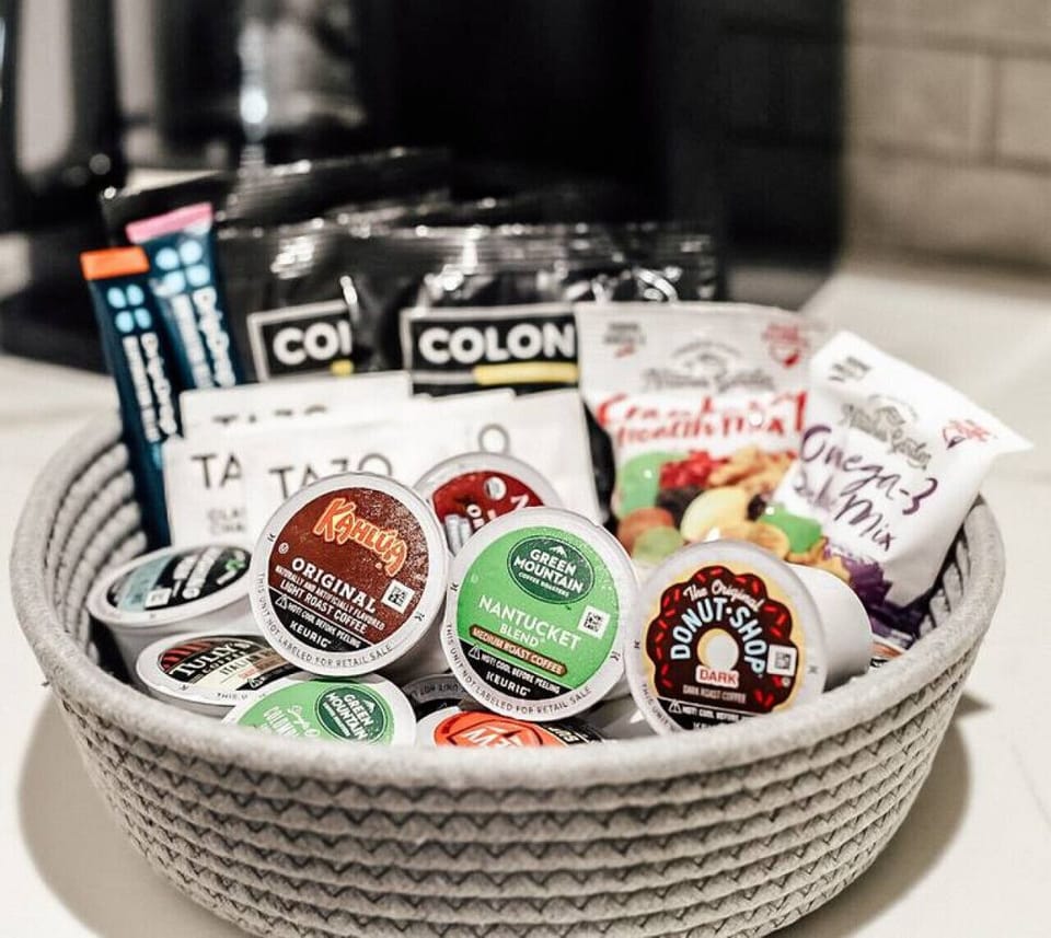 Complimentary coffee, k-cups, tea and snacks