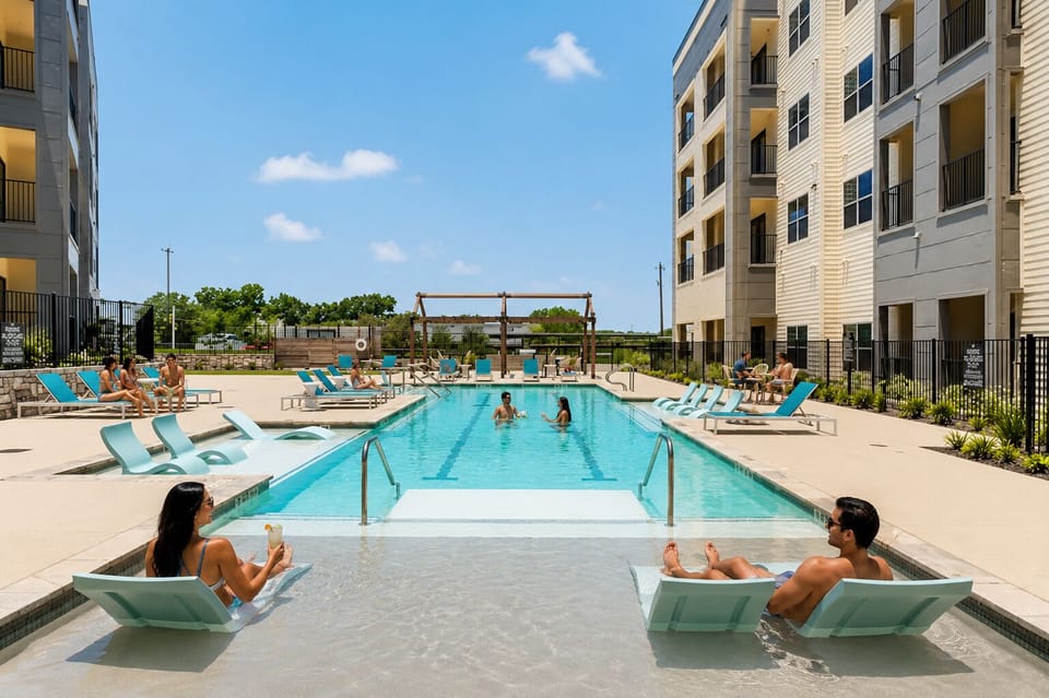 Resort-style pool with tanning ledge and stylish in-water loungers