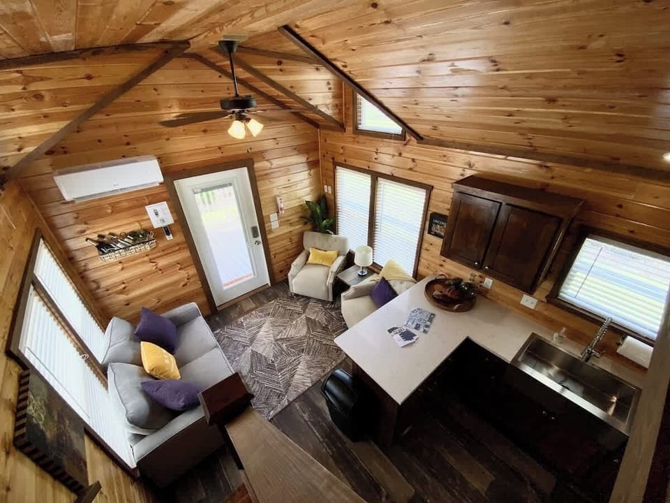 While these are tiny home cottages, they do offer plenty of space for couples and make for a perfect romantic weekend visiting the Resort and downtown Fredericksburg! View is from the upstairs loft! 