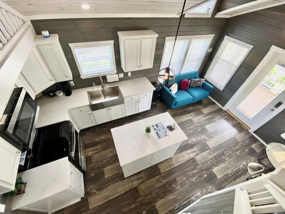 While these are tiny home cottages, they do offer plenty of space for couples and make for a perfect romantic weekend visiting the Resort and downtown Fredericksburg! View is from the upstairs loft! 