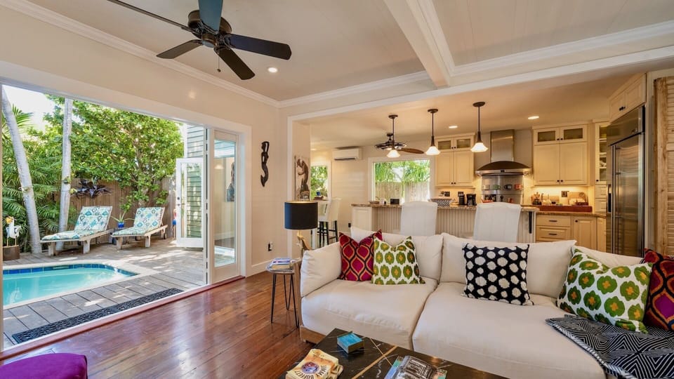 The living area flows into the large kitchen...