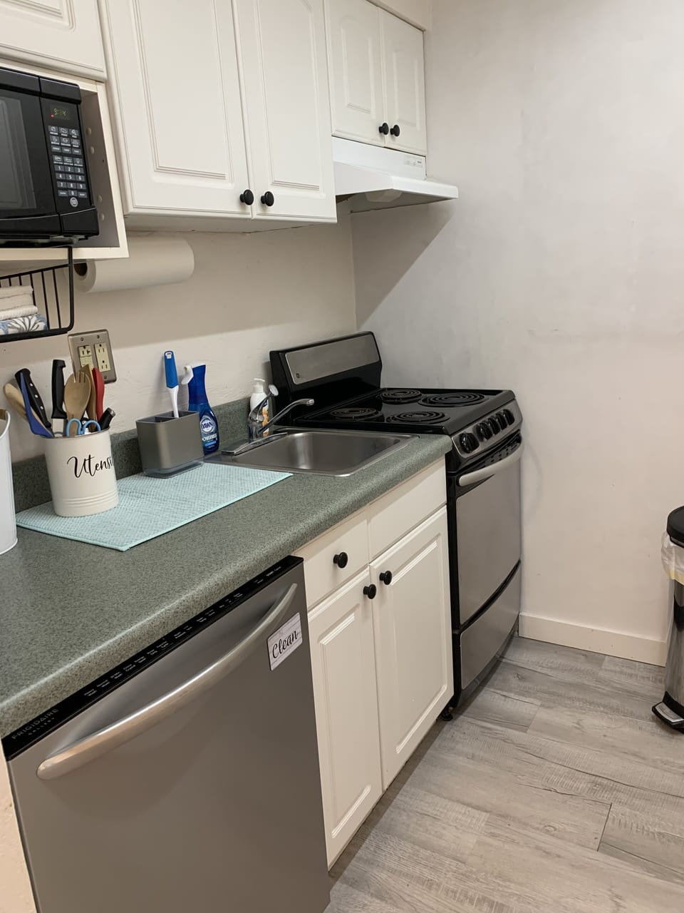 Kitchen has the necessary basics.  Fridge, stove, oven, microwave, dishwasher