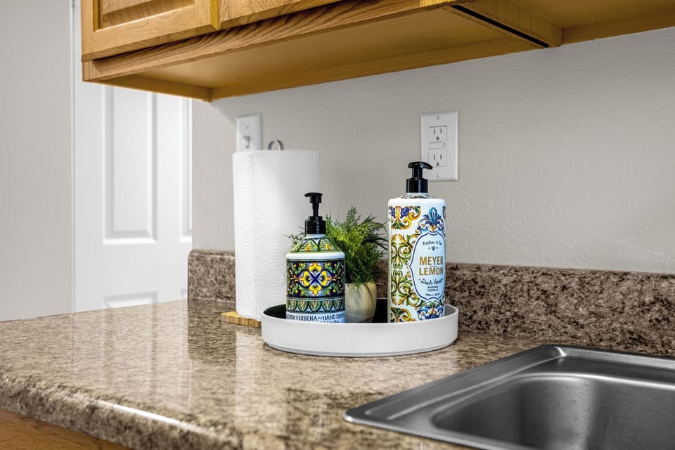 Paper towels, dish soap, and hand soap