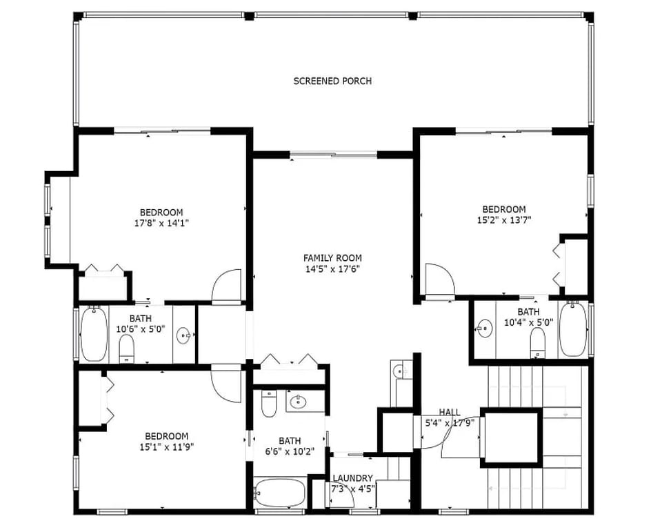First floor layout. Living rm, 2 king bdrms, bunk bdrm, mini kit, laundry rm