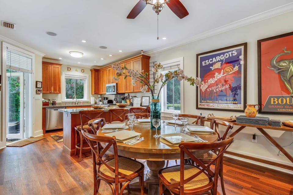 Indoor dining area connects the kitchen and living area.