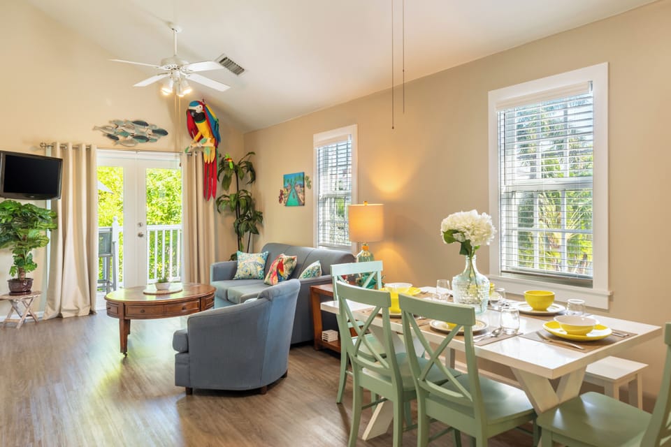 Stylish dining area with a view.
