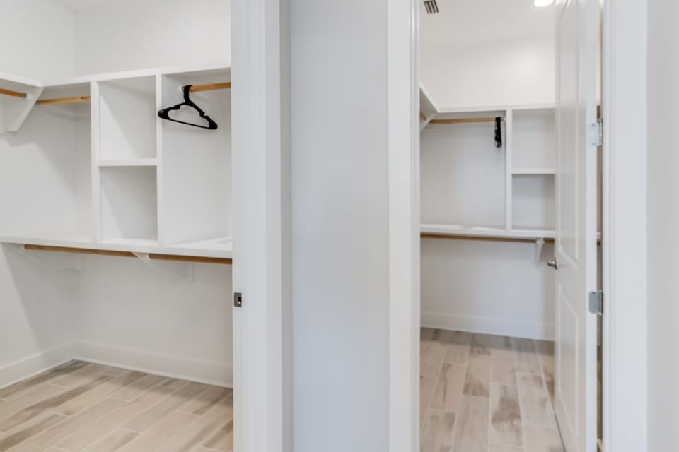 Two walk-in closets for easy storage of luggage