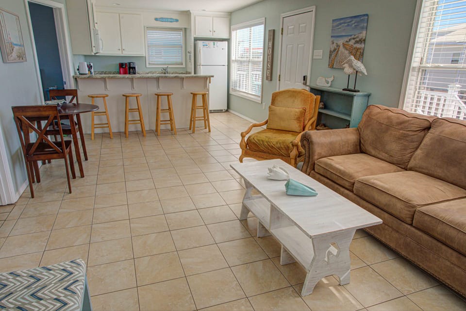 View of kitchen from living room - check out all the windows!