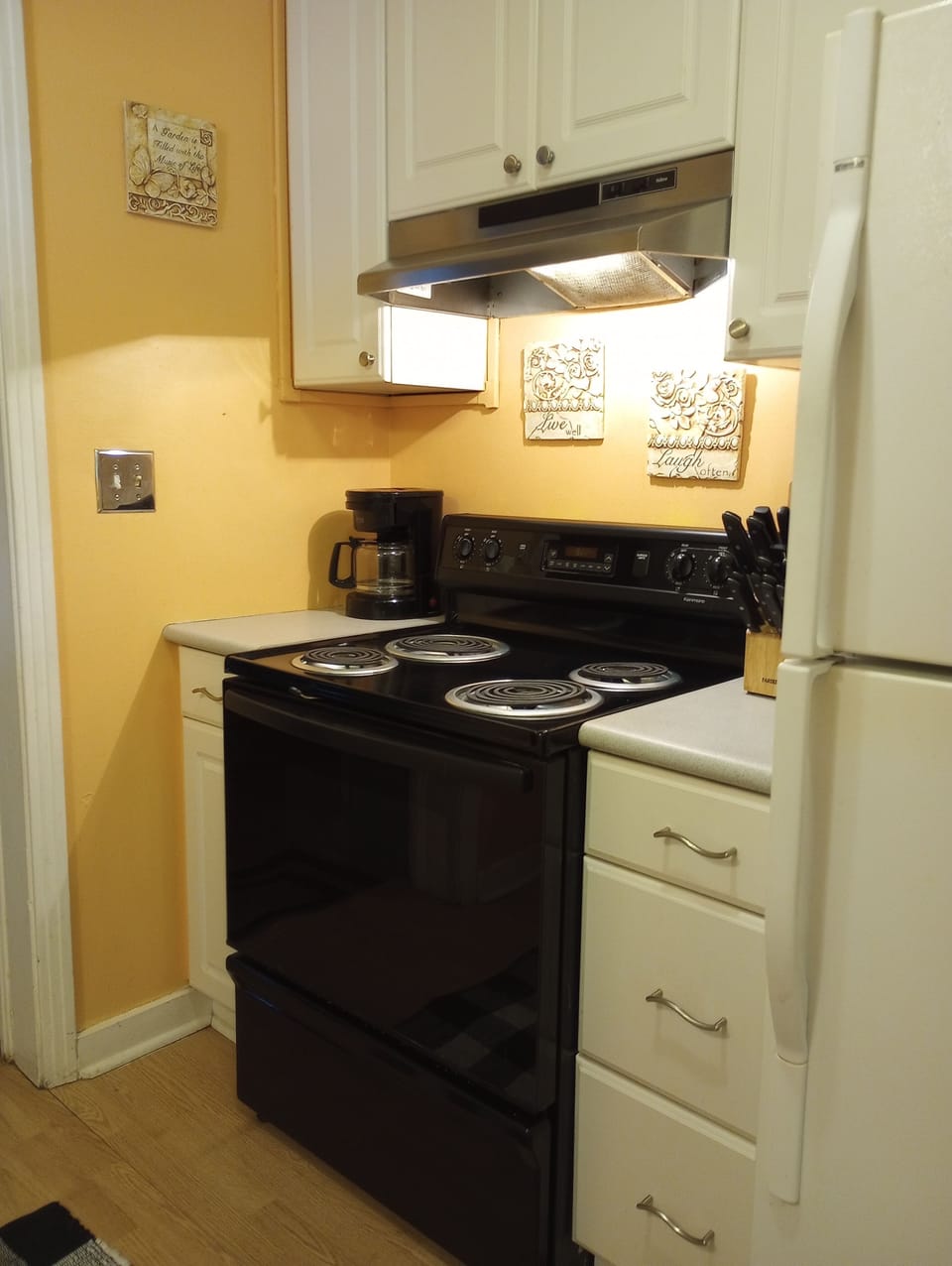 Kitchen view #2 - oven/range, coffee maker, knife blocks.