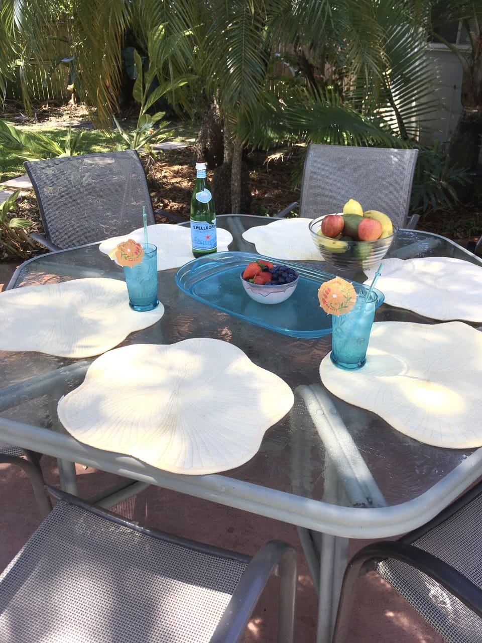 Patio table and chairs, with drinks & fruit bowls.