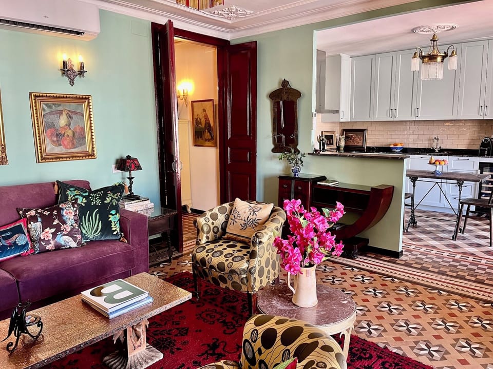 Living room with view of kitchen