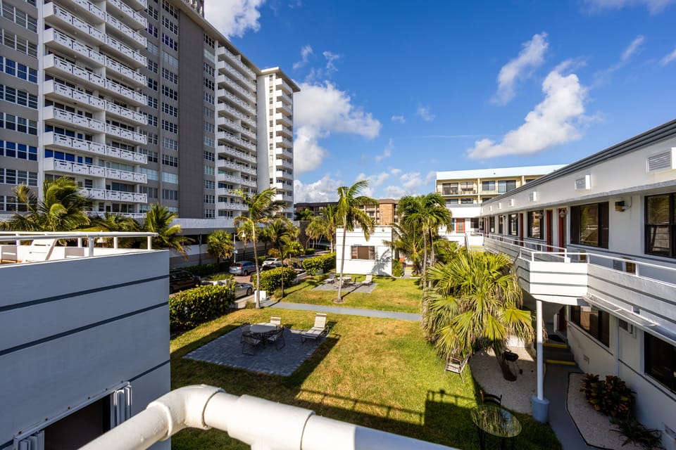 View of courtyard and building from east sundeck.