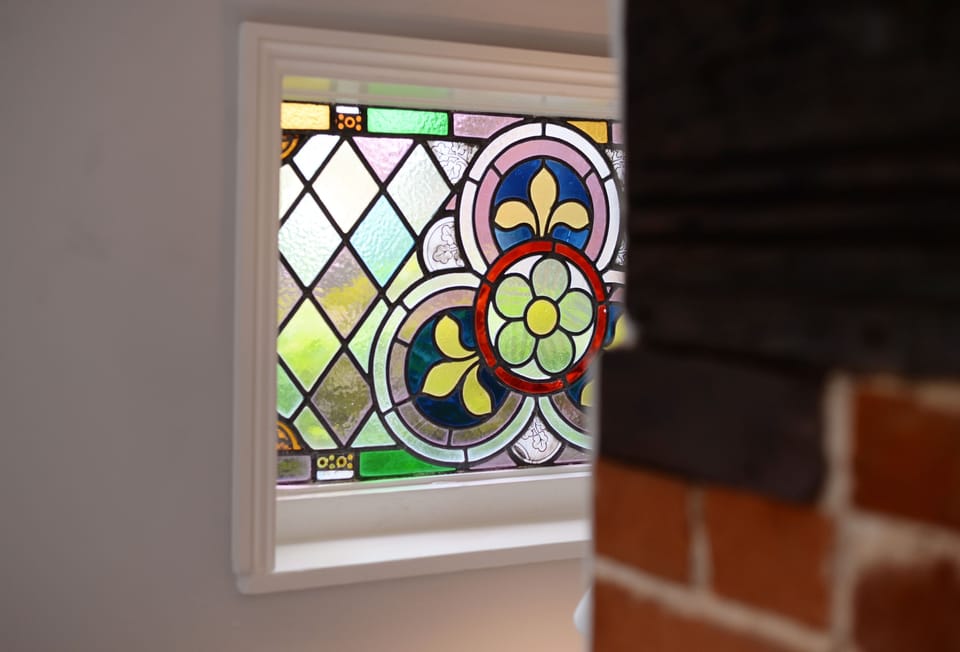 Stunning stained glass feature window at Ayres End Studio, Suffolk
