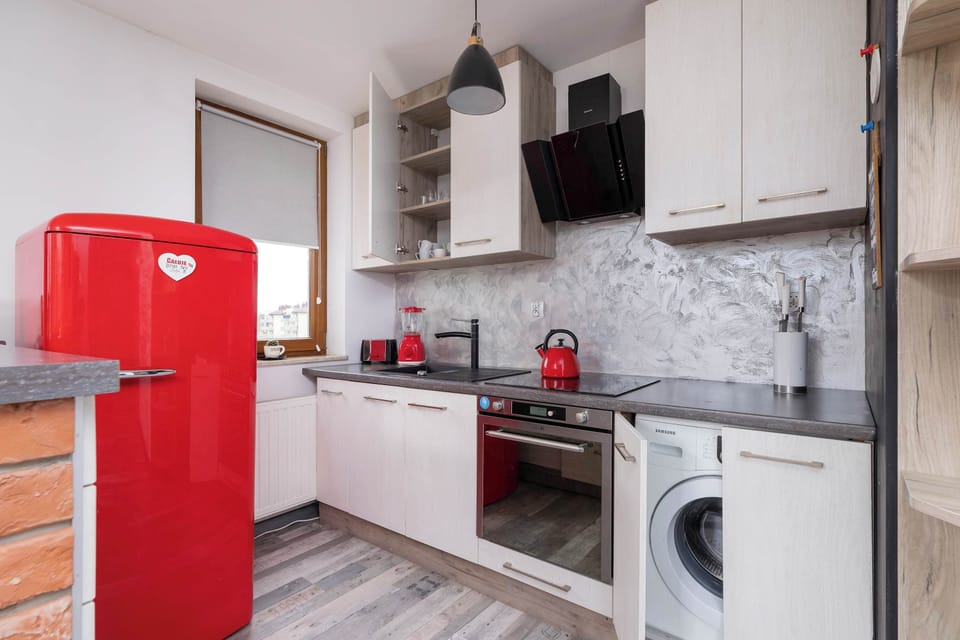 Fully equipped kitchenette with a fridge with freezer, electric kettle, induction hob and washing machine.