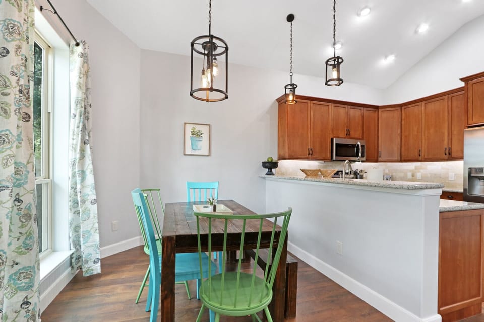The dining room looking over in to the kitchen