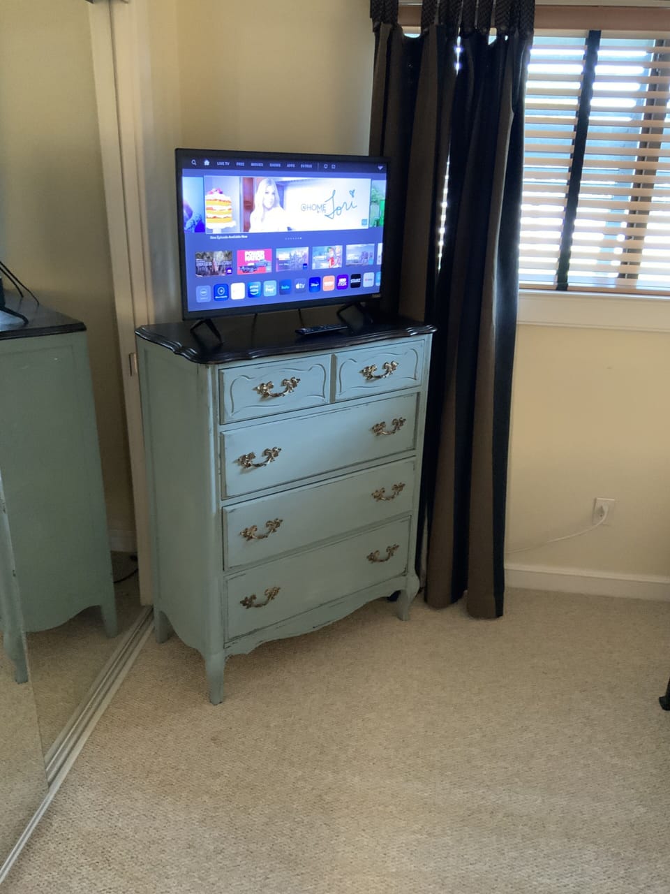 spa blue dresser along with Vizio tv