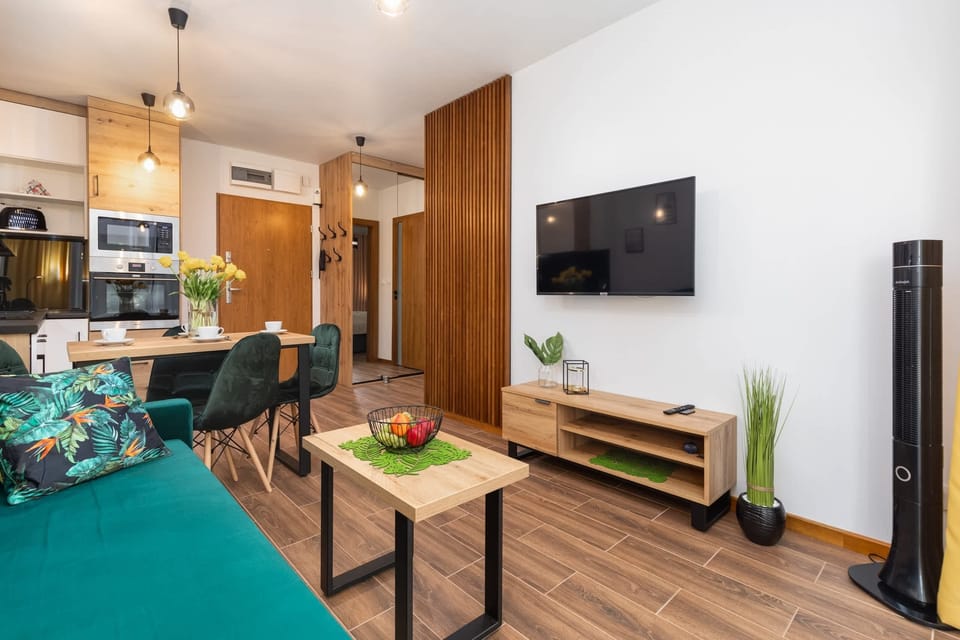 The living area features a sleek coffee table and a flat-screen television.