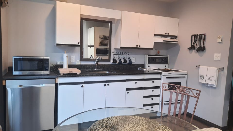 Fully stocked kitchen with all essentials, new microwave and dishwasher.