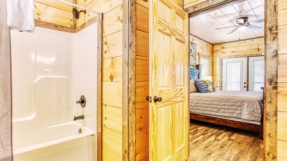 Our master bathroom features a shower-and-tub combo.