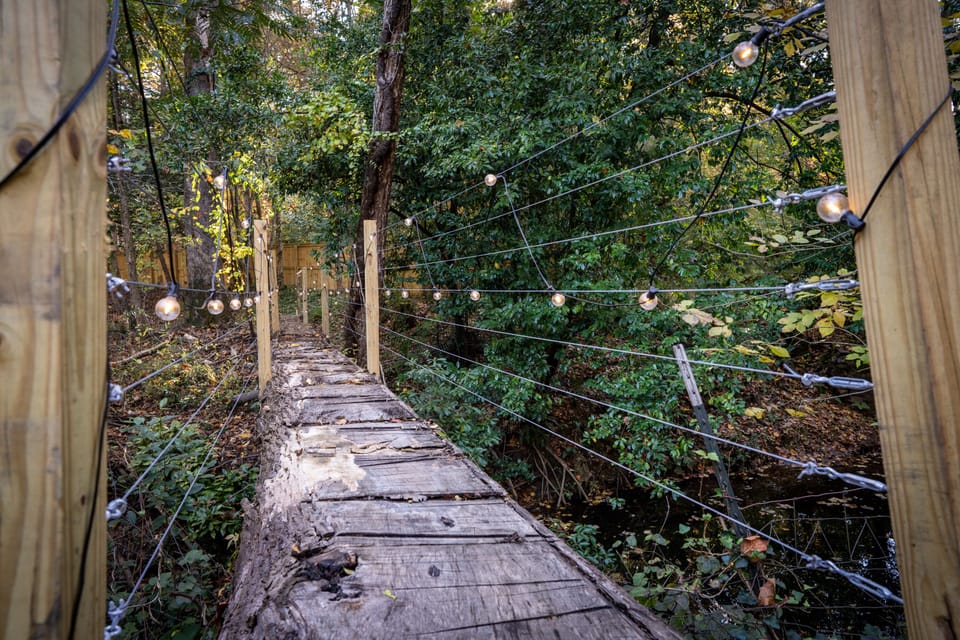 The lighted tree bridge made from a single 90 foot poplar tree over the creek.
