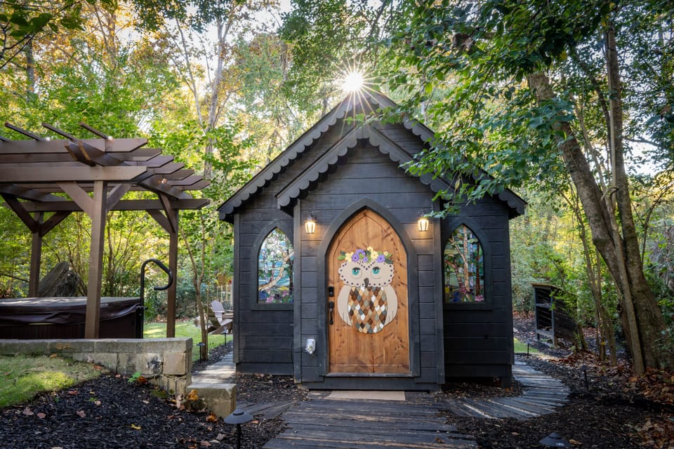 The Owl Creek chapel, nestled in a cozy wooded area with privacy and serenity.