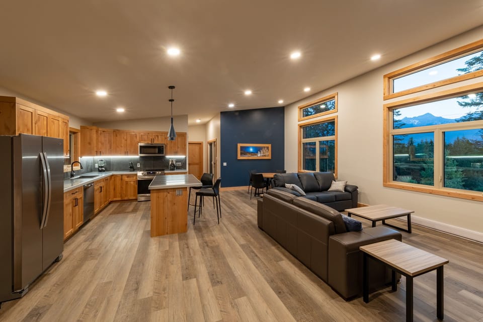 Kitchen, living area and dining.