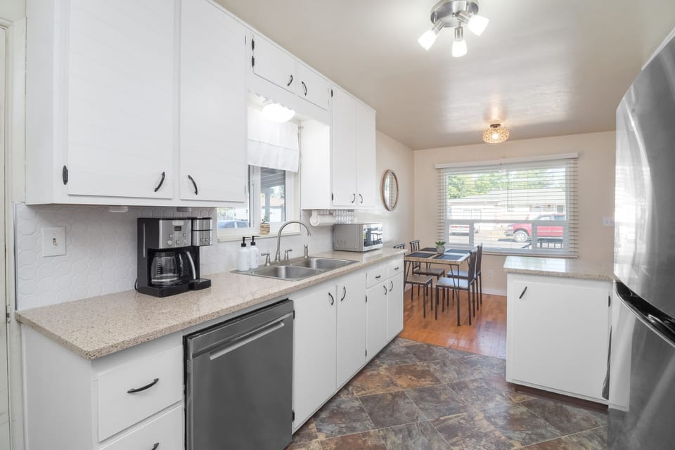 Our recently updated, fully-equipped kitchen w/ new stainless steel appliances.