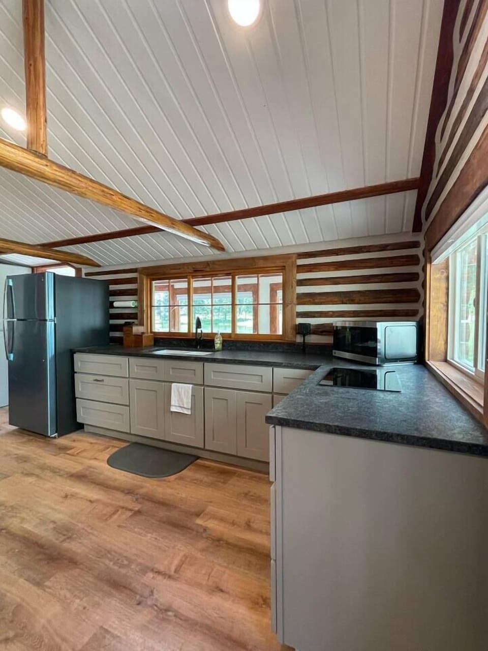 The open kitchen has plenty of counter space to prep meals.
