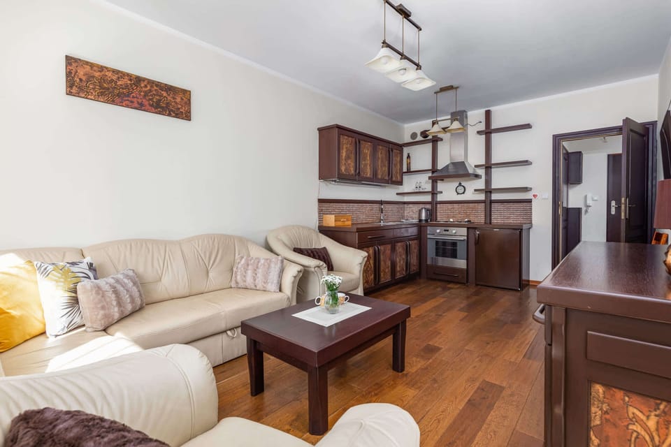 Comfortable living room with classic wooden furniture.