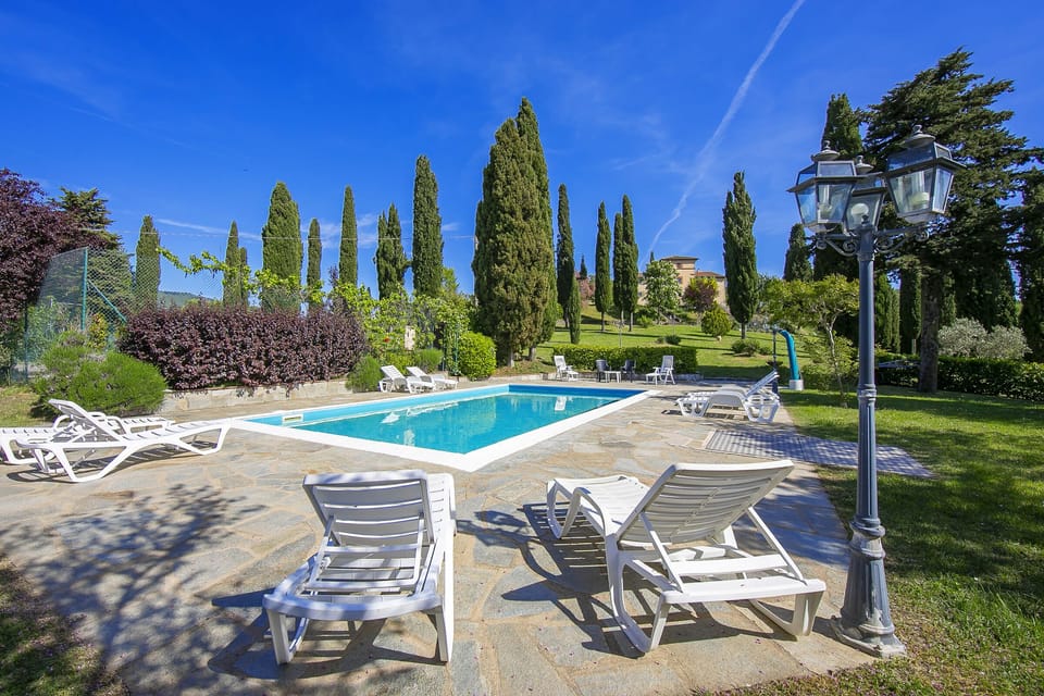 The equiped pool and the surrounding lawn
