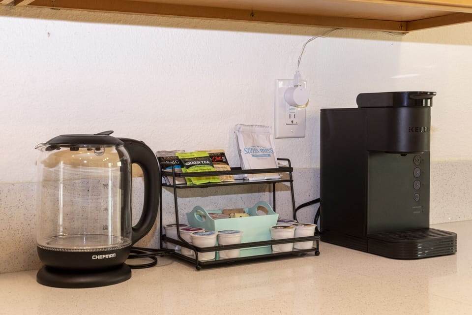 Complimentary tea, hot chocolate, coffee, creamer, sugar