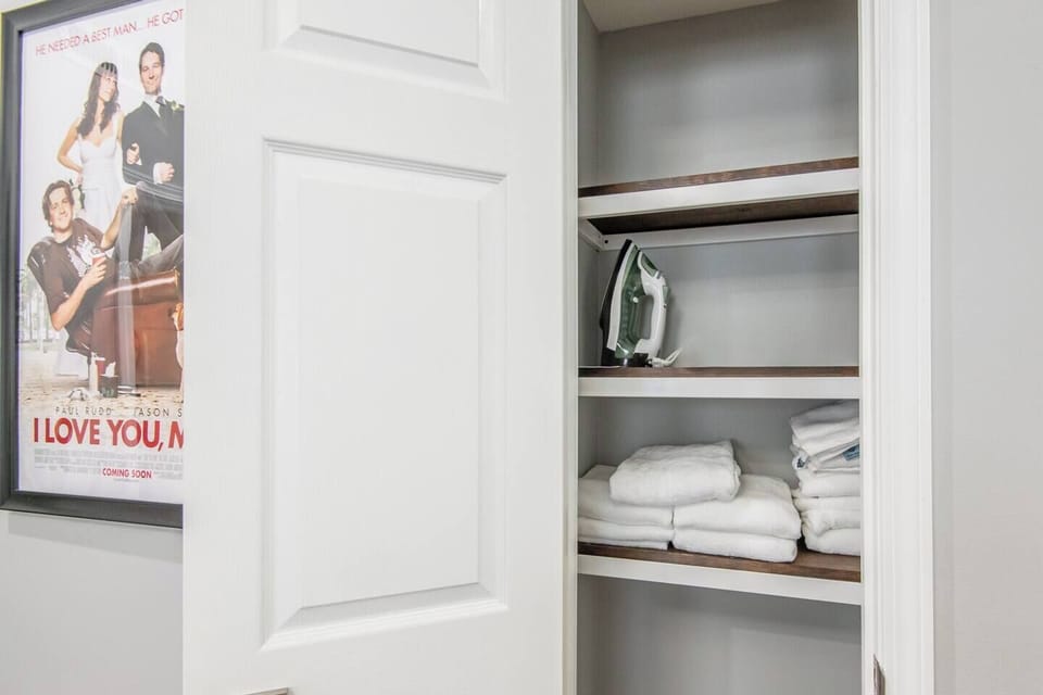 Bathroom towels, hand towels, and iron