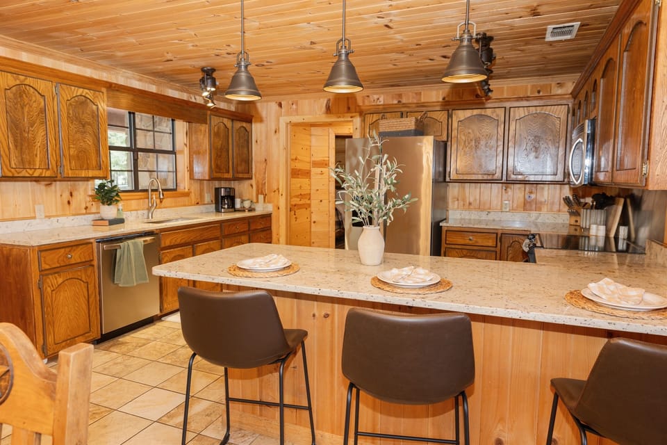 This large, fully equipped kitchen has everything you need to cook meals or host game nights.