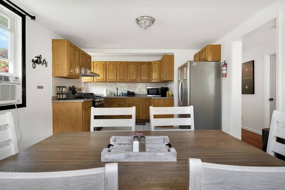 Kitchen Dining Area, Farmhouse Table, Flatware, Plates, Cups, Cookware!