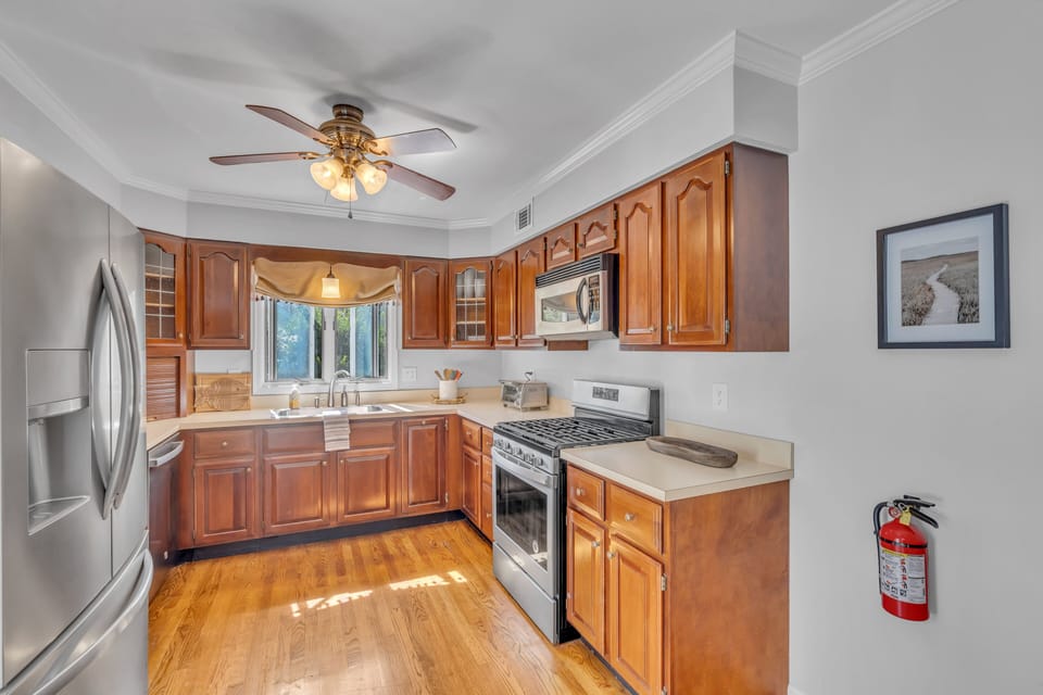 Kitchen w Stainless Steel appliances and ceiling fan