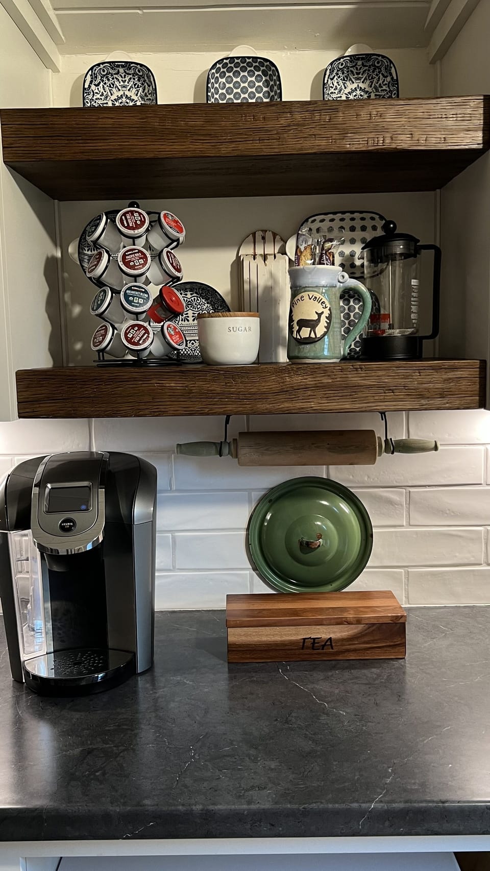 Provided Keurig w/pods. 
French press 
Grinder  
Nespresso BYO virtuo pods 
Tea